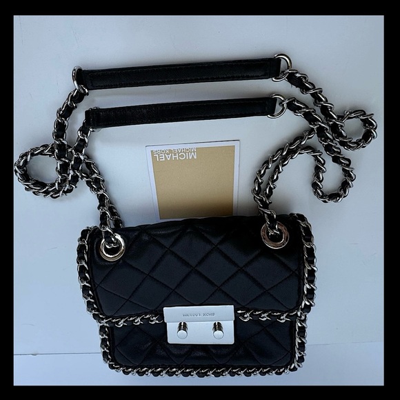 NWOT Michael Kors Purse- Black/ Silver Hardware, Compartments. SHOW STOPPER! - Picture 3 of 17